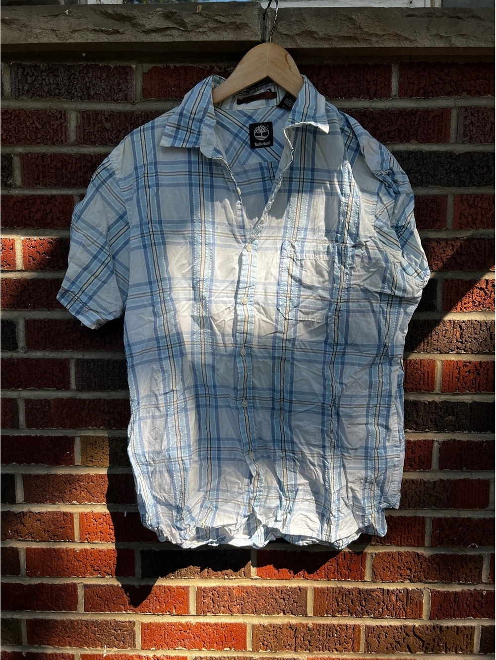 Timberland Light Blue and White Plaid Button Down Short Sleeve Shirt